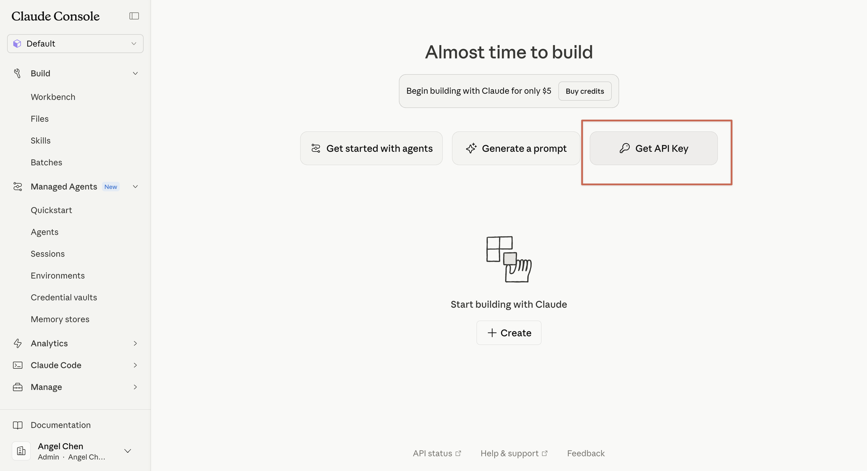 Anthropic Console 歡迎頁的 Get API Key 按鈕