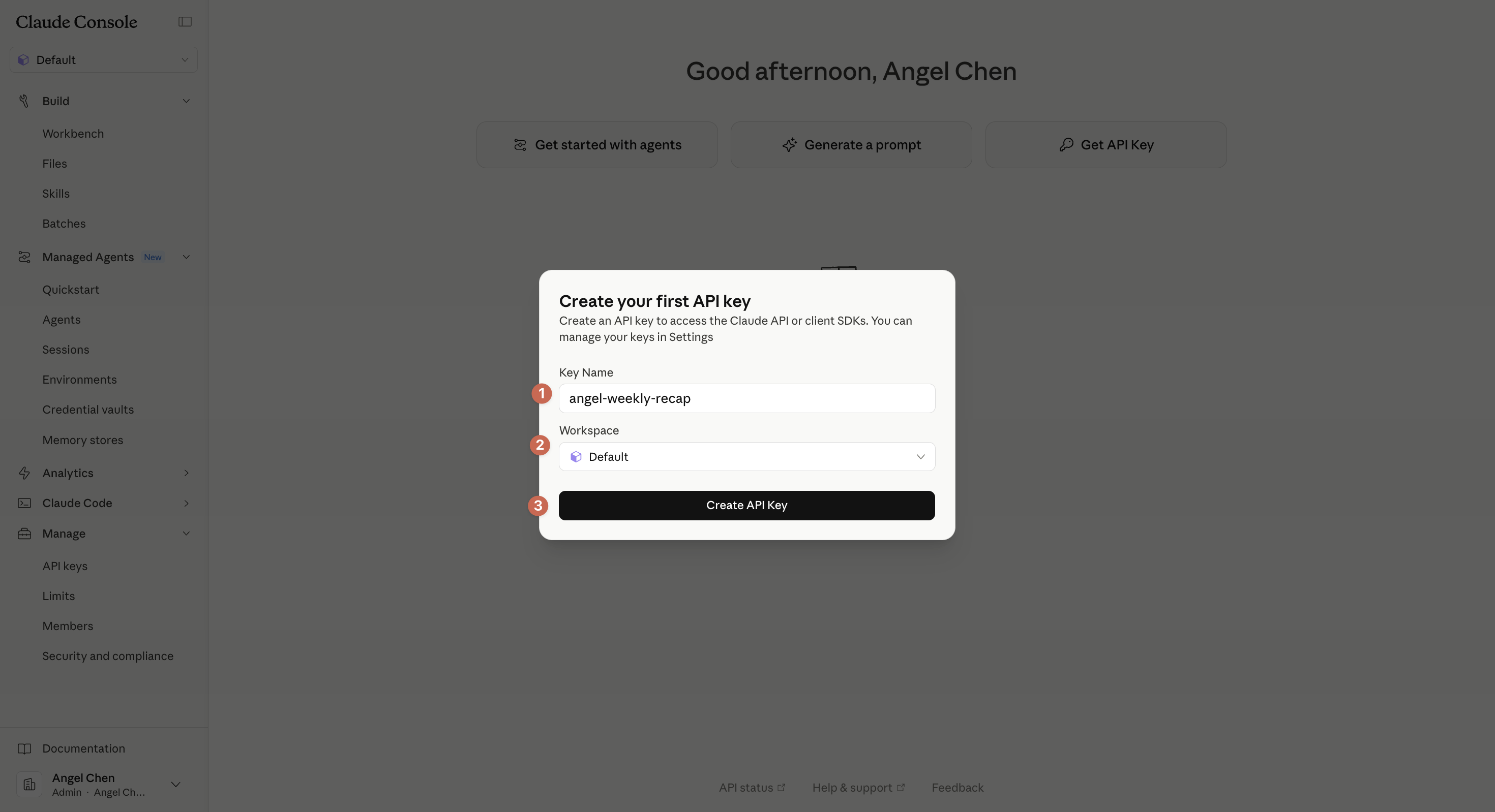 Create API key 的對話框