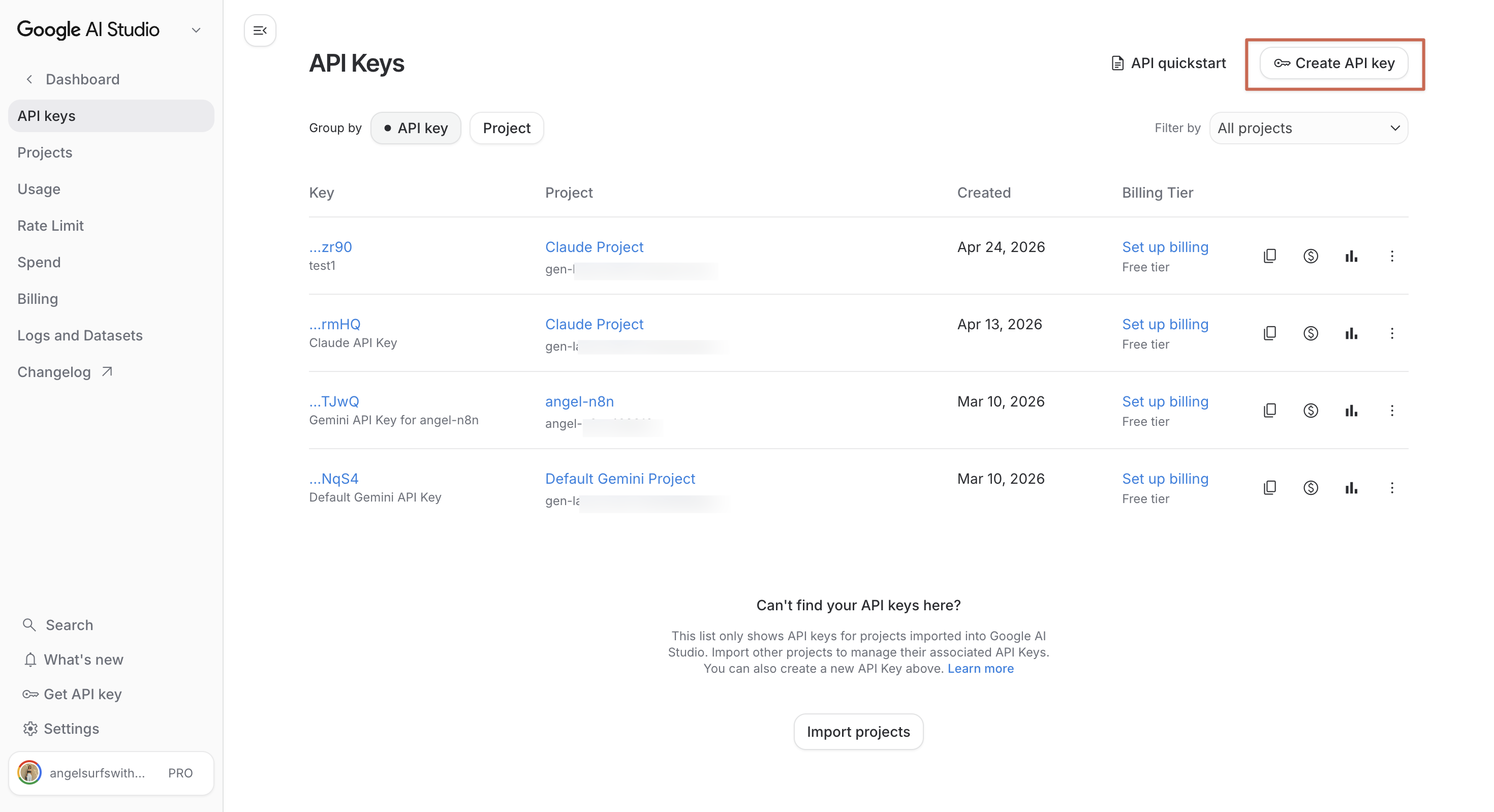 Gemini AI Studio 的 Create API key 按鈕