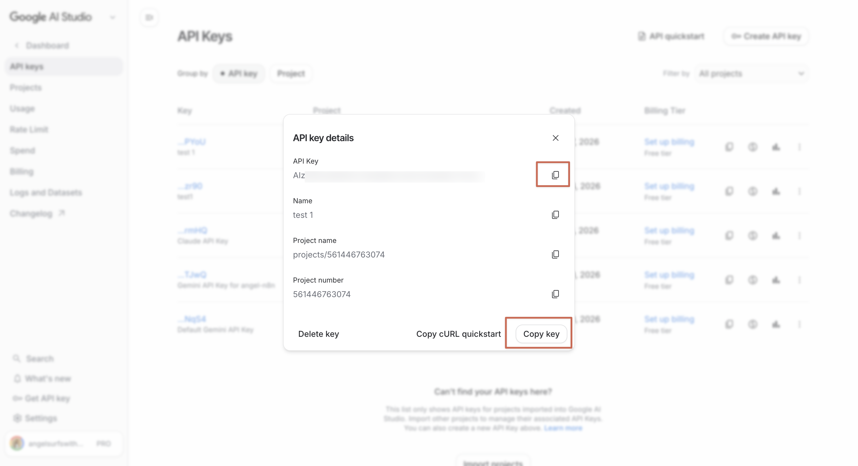 Gemini API key 產生後的畫面