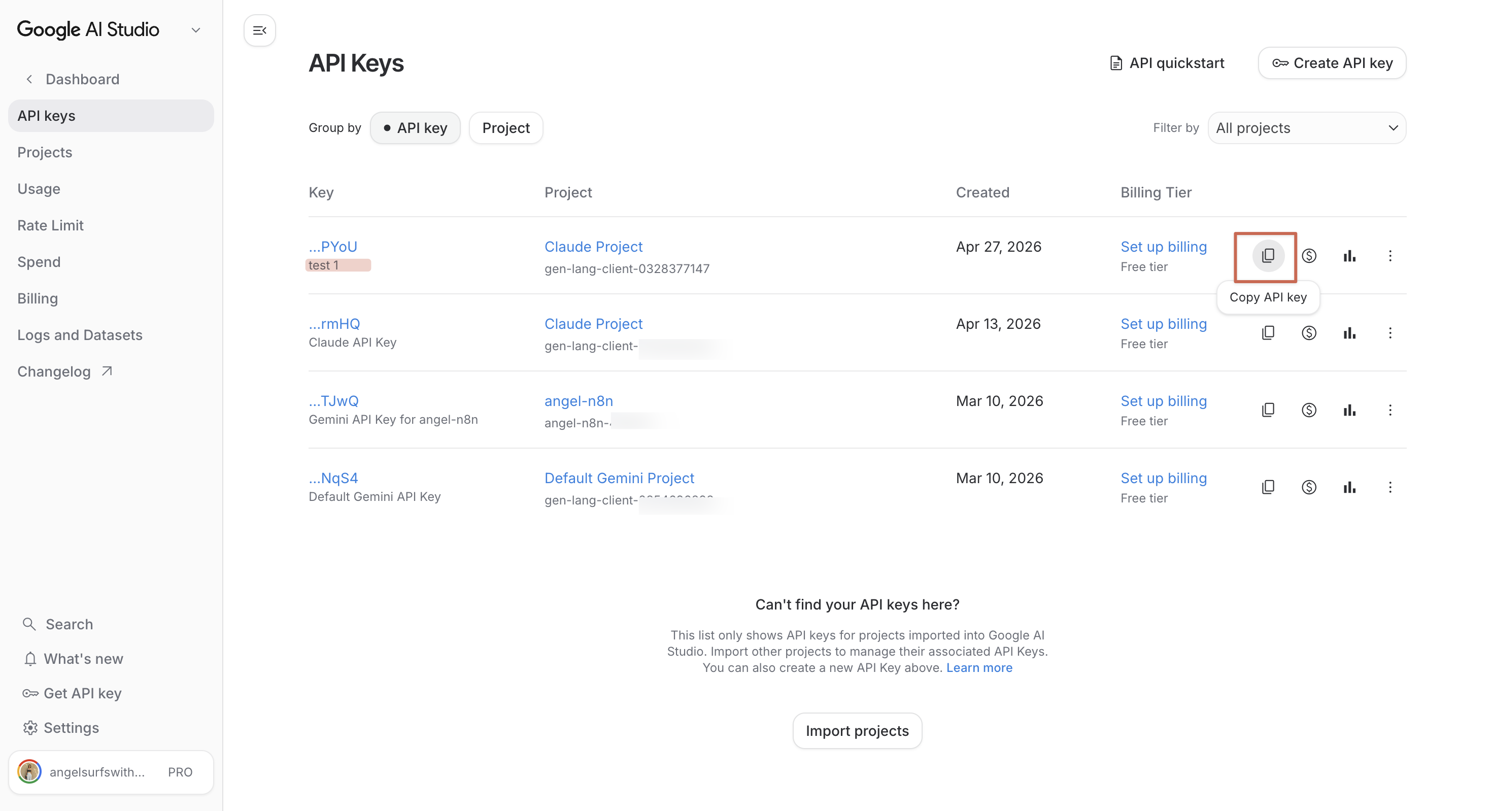 Gemini API keys 列表頁,可以隨時複製
